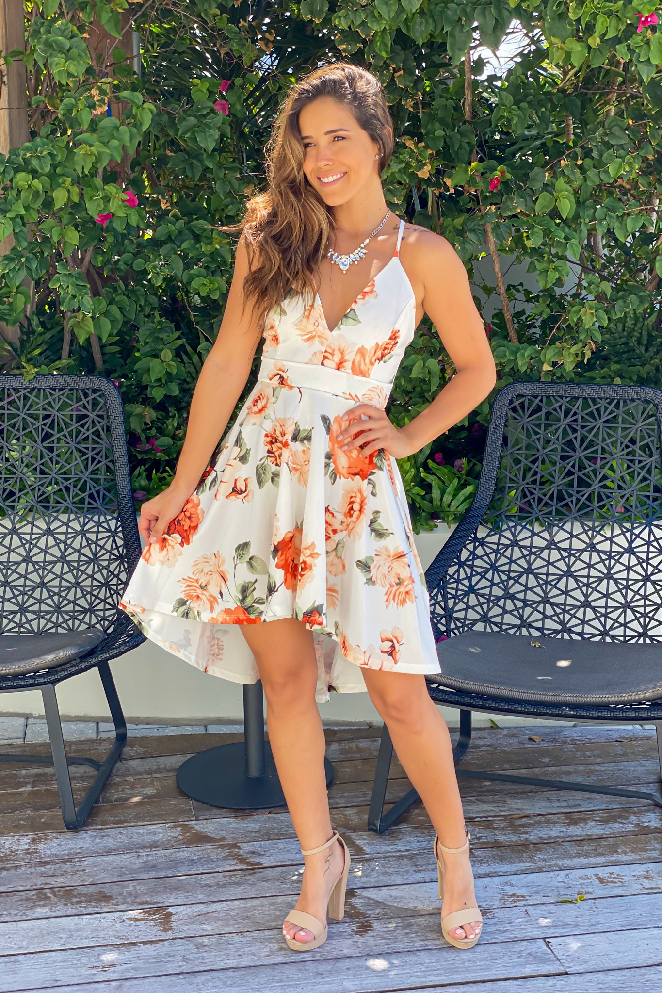 ivory and peach floral graduation dress
