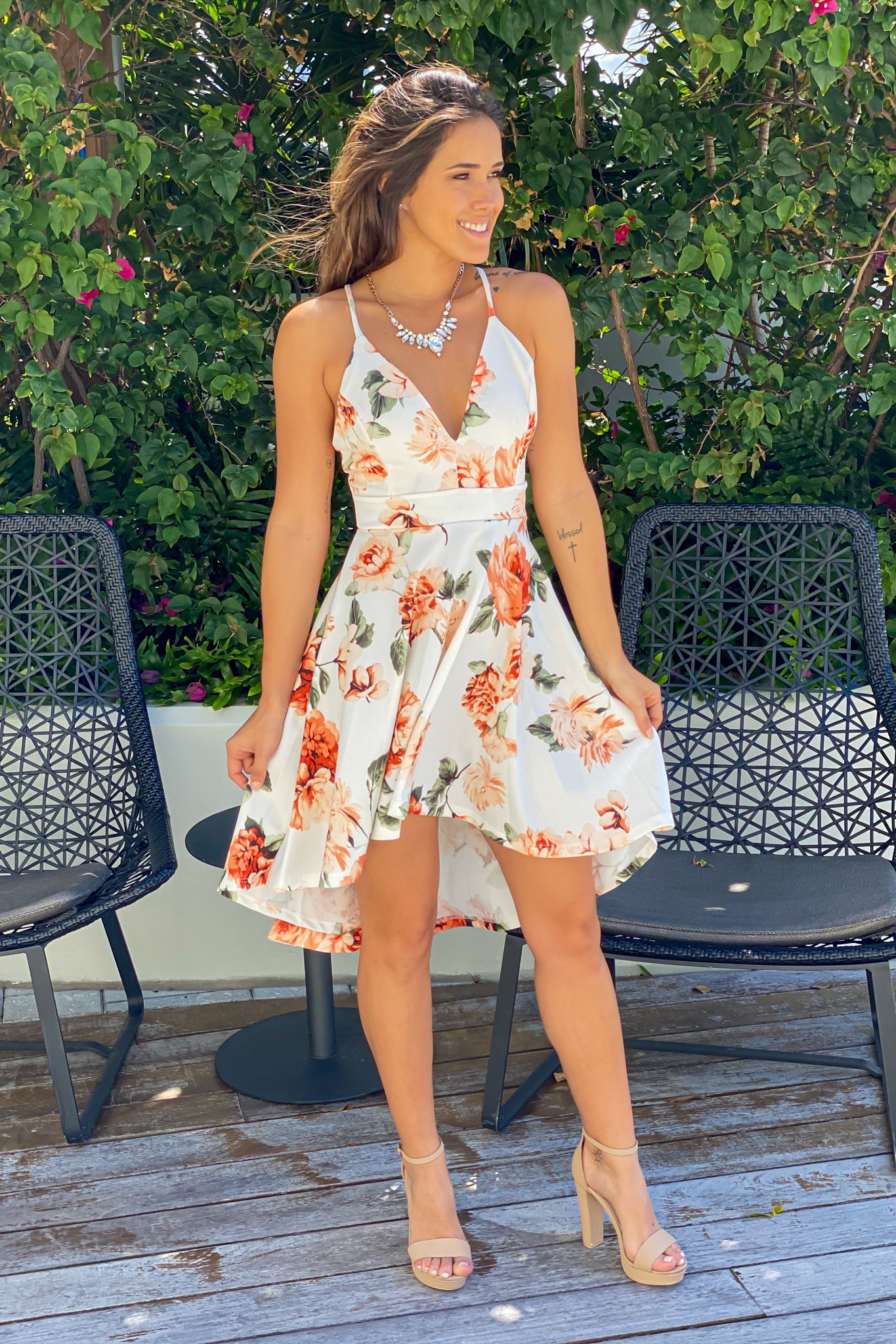 ivory and peach floral high low dress
