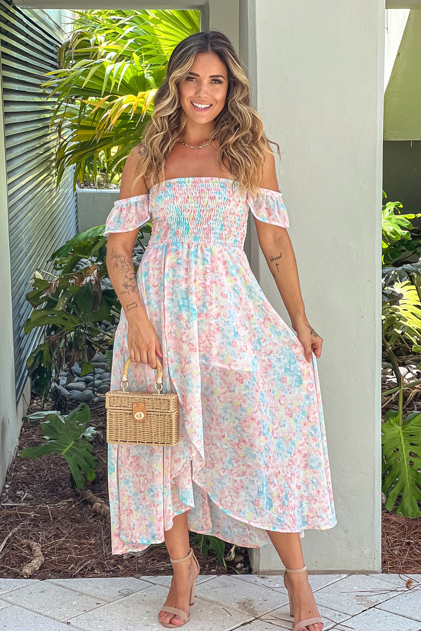 ivory and pink printed off shoulder high low dress