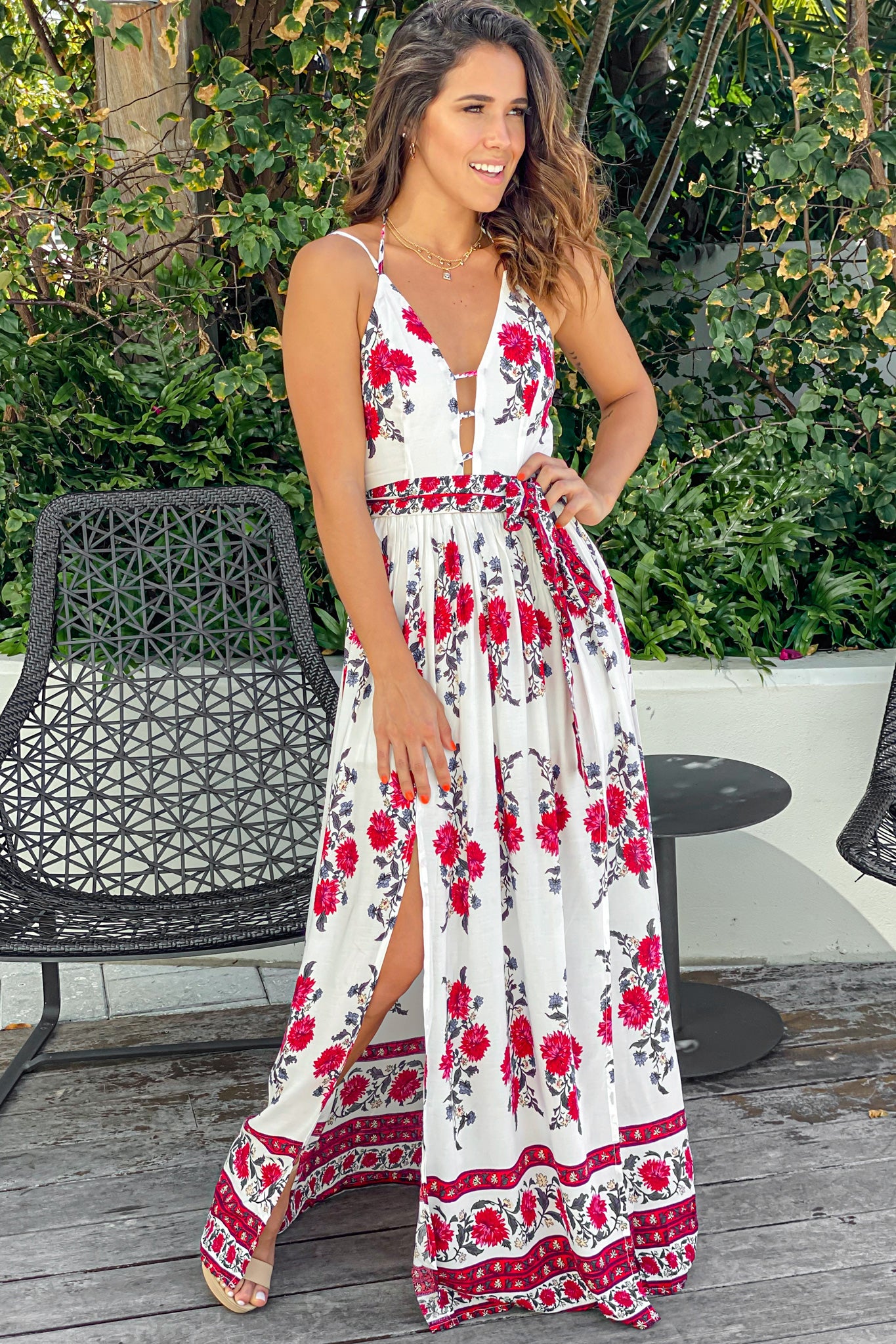 ivory and red floral cute maxi