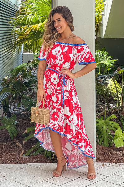 ivory and red floral high low dress