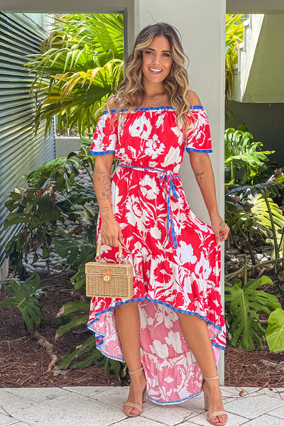 ivory and red printed high low dress