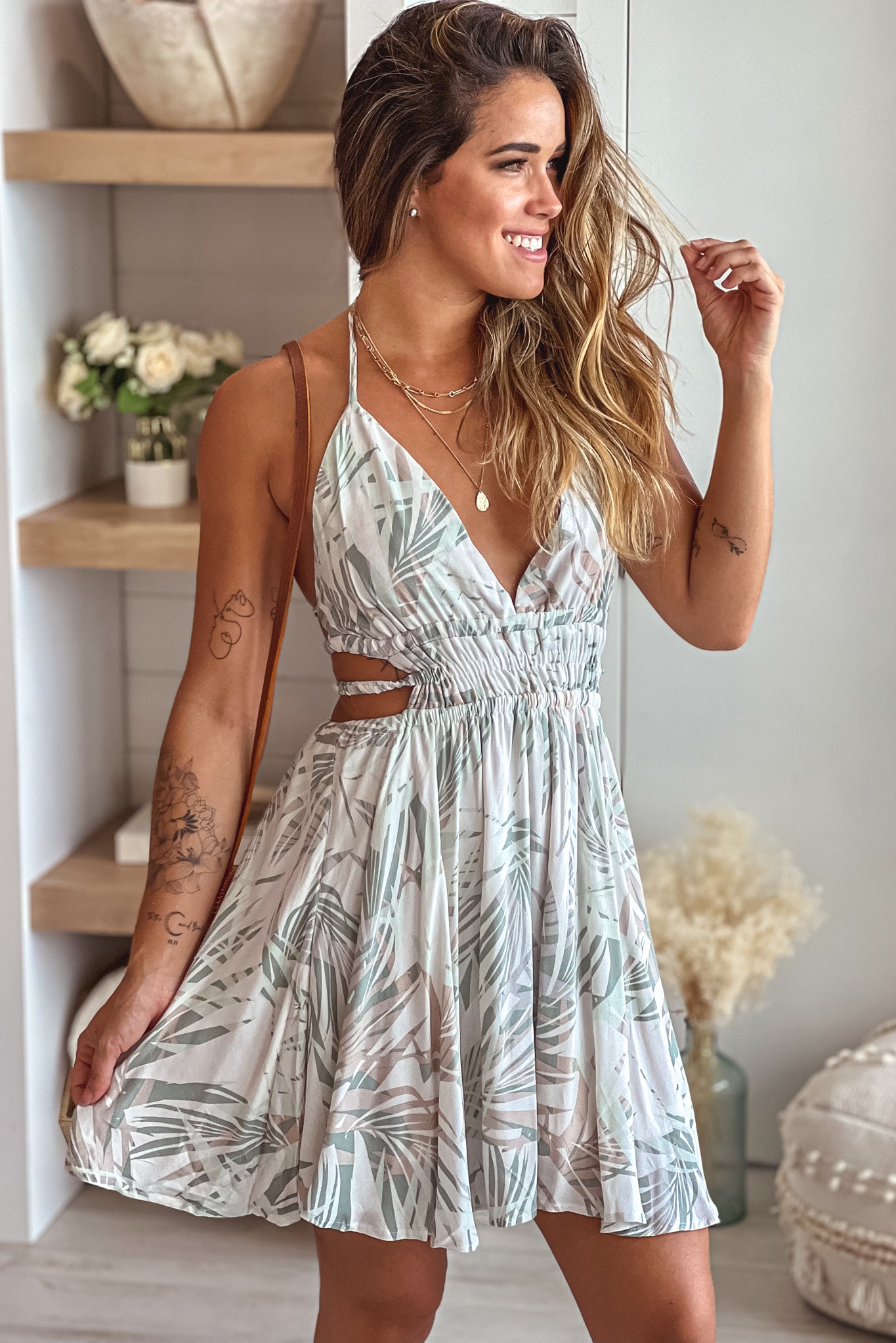 Ivory and Sage Printed Short Dress With Open Back Ivory and Sage Printed Short Dress With Open Back