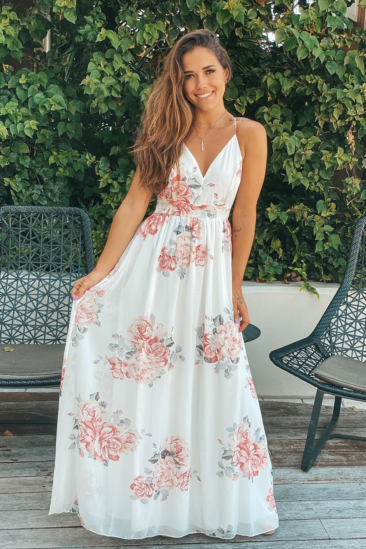 Ivory and Peach Floral Maxi Dress With Lace Back | Short Dresses ...