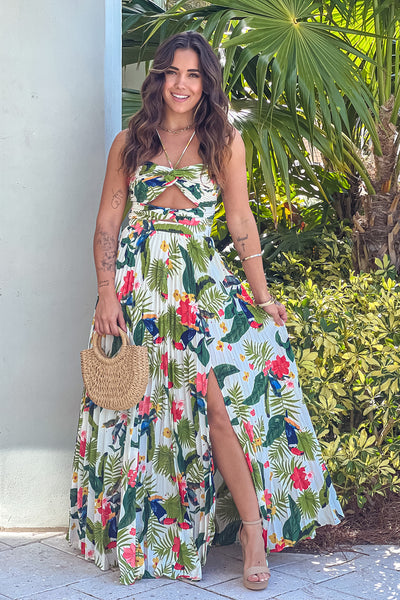 ivory floral maxi dress with front cut out