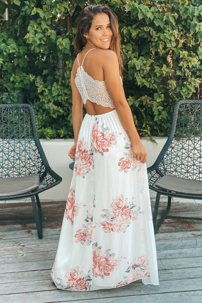 ivory floral maxi dress with lace back