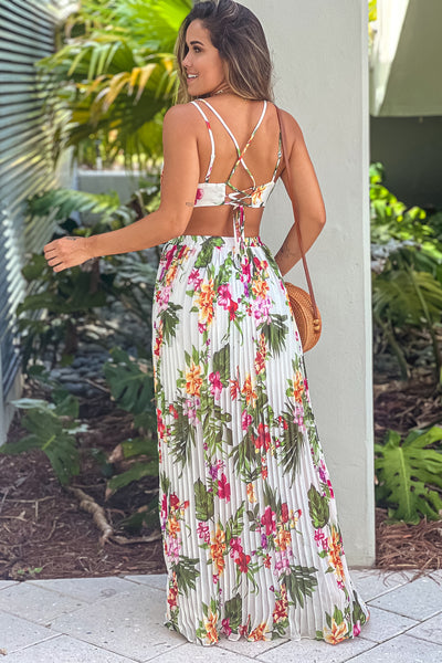 ivory floral maxi dress with open back