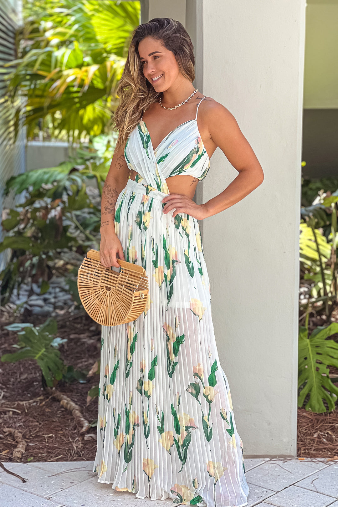 pleated dress maxi summer Ivory Floral Pleated Maxi Dress With Cut Outs