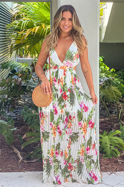ivory floral pleated maxi dress with open back