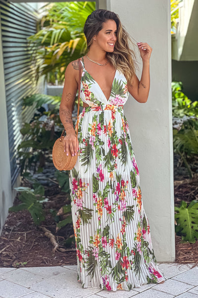 ivory floral pleated maxi dress
