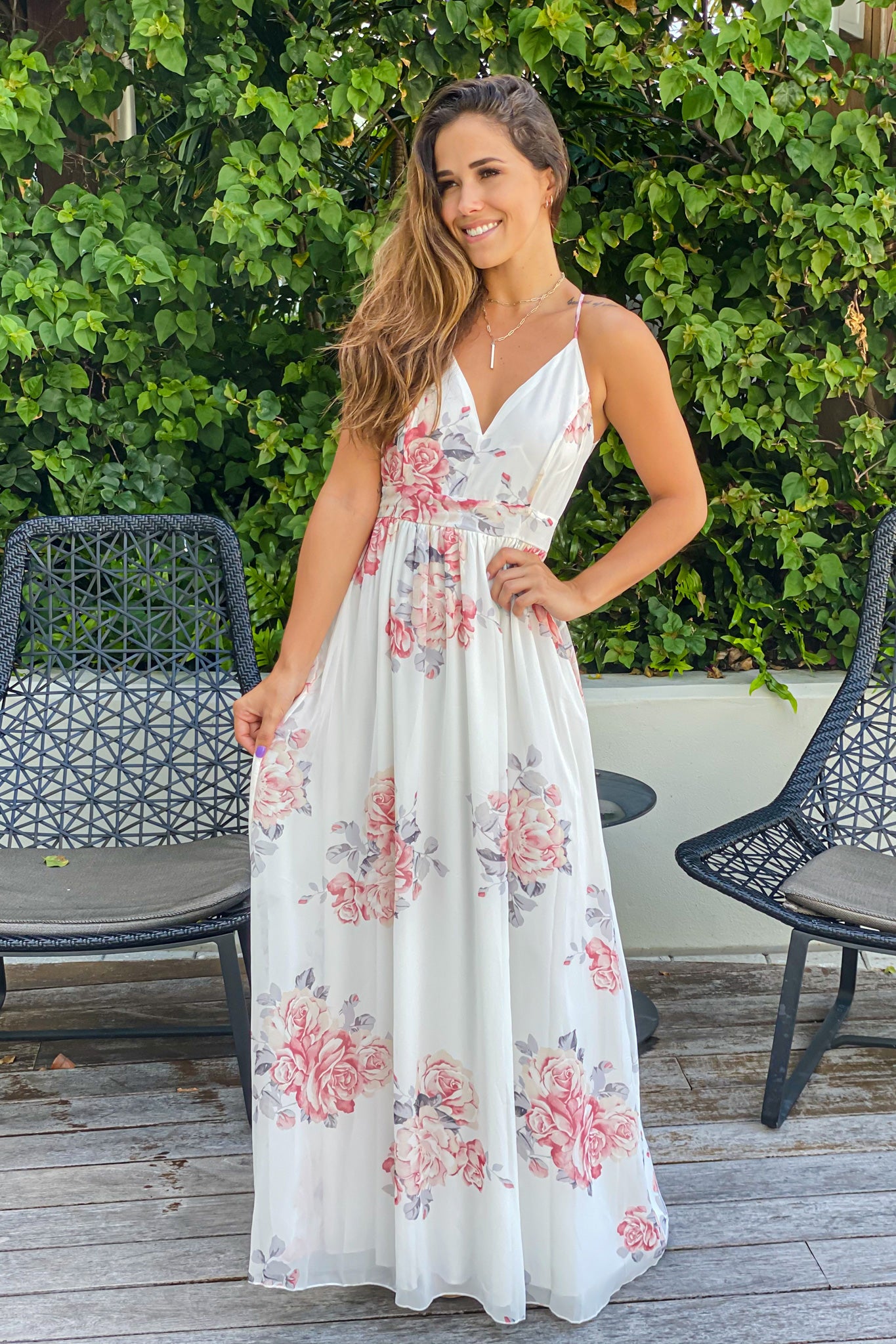 ivory floral prom maxi dress