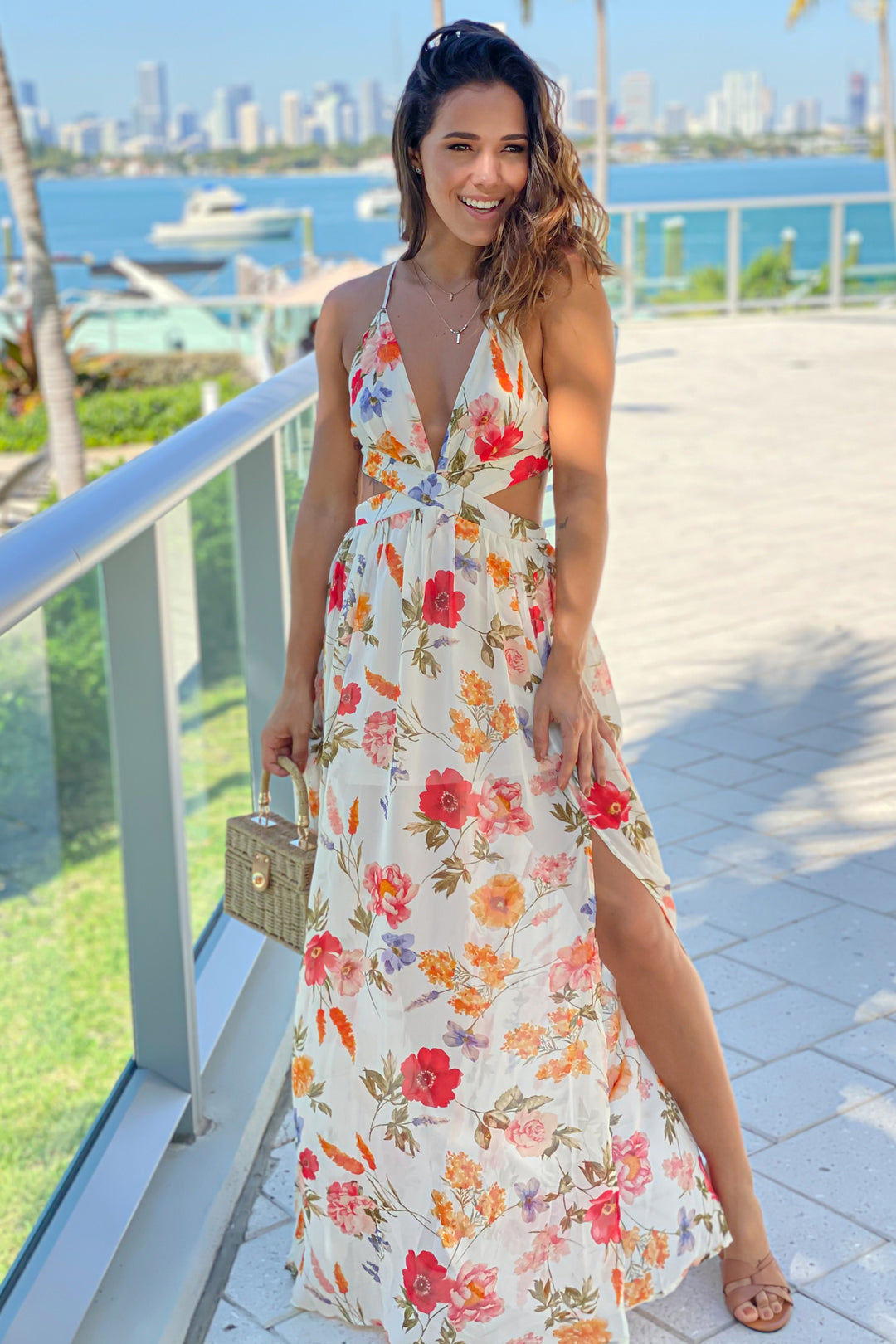 cut out maxi dress summer Ivory Floral Cut Out Maxi Dress