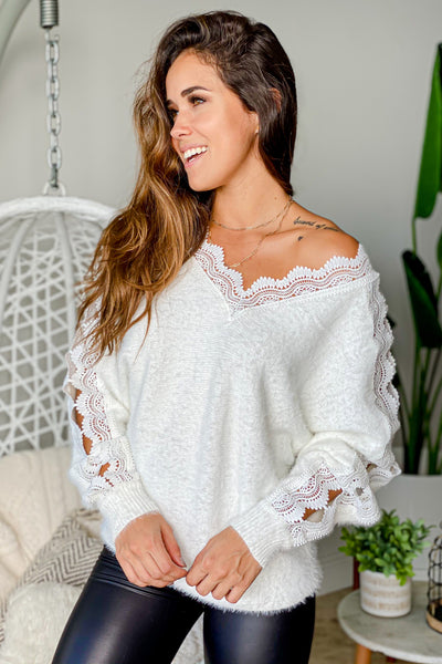 Ivory Fuzzy Top With Open Crochet Detail