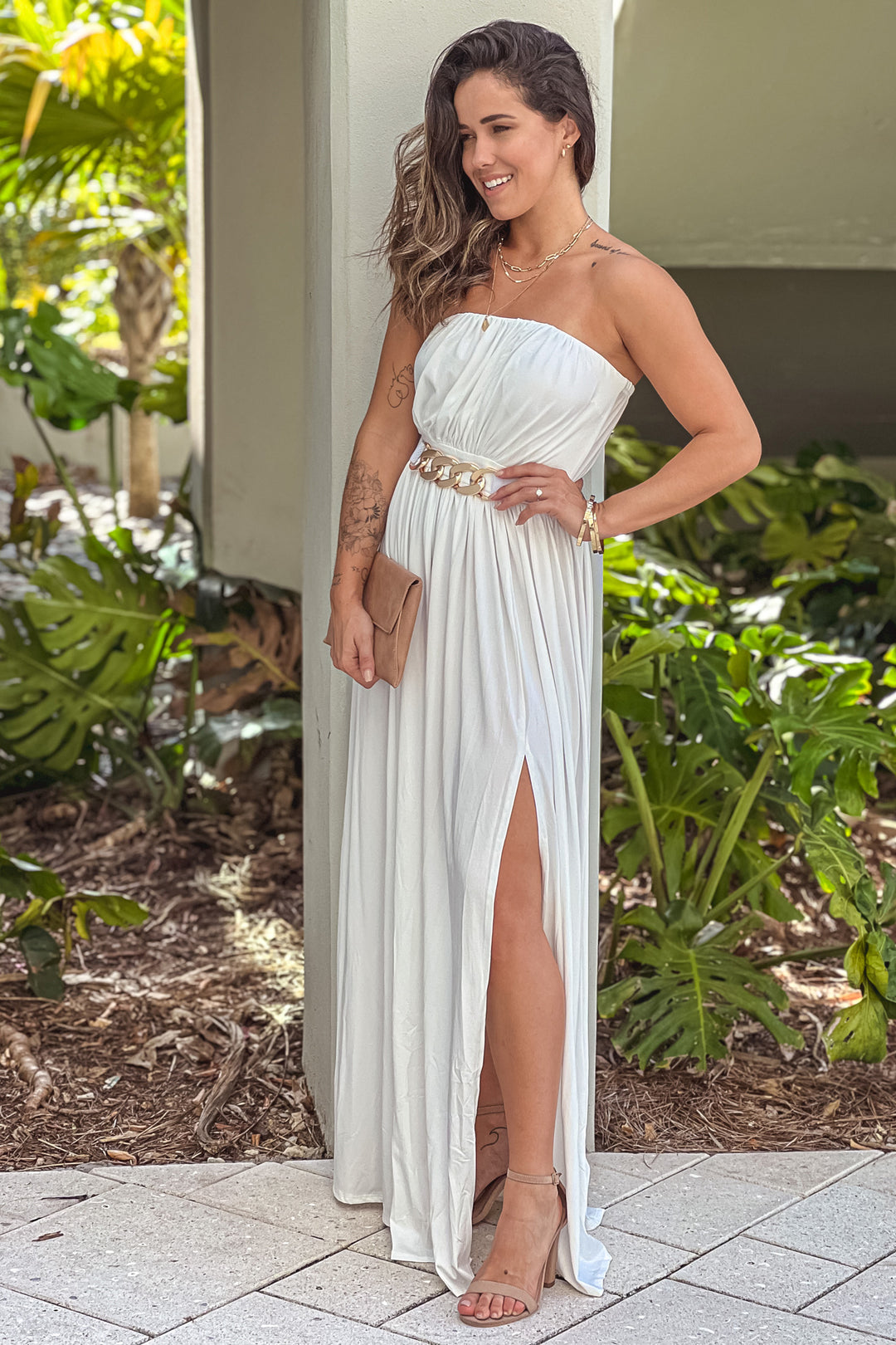 white maxi dress gold belt Satin Deep V Neck Strapless Maxi Dress With Gold Belt – RAISA VANESSA INT main image 0