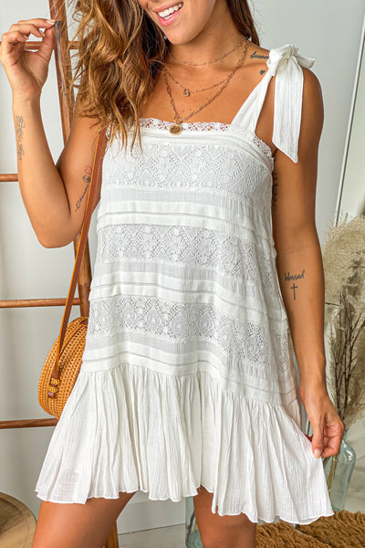 ivory lace short dress with self tie straps