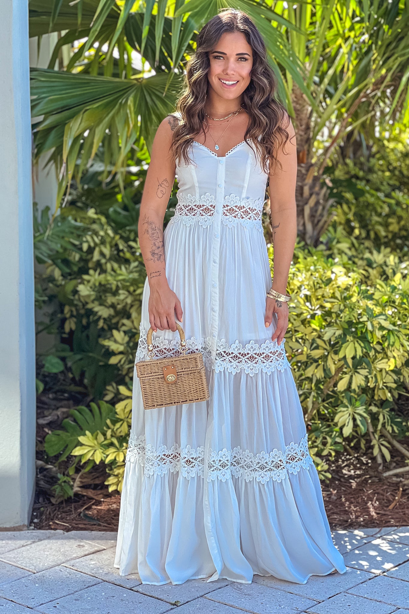 ivory maxi dress with crochet trim and slit