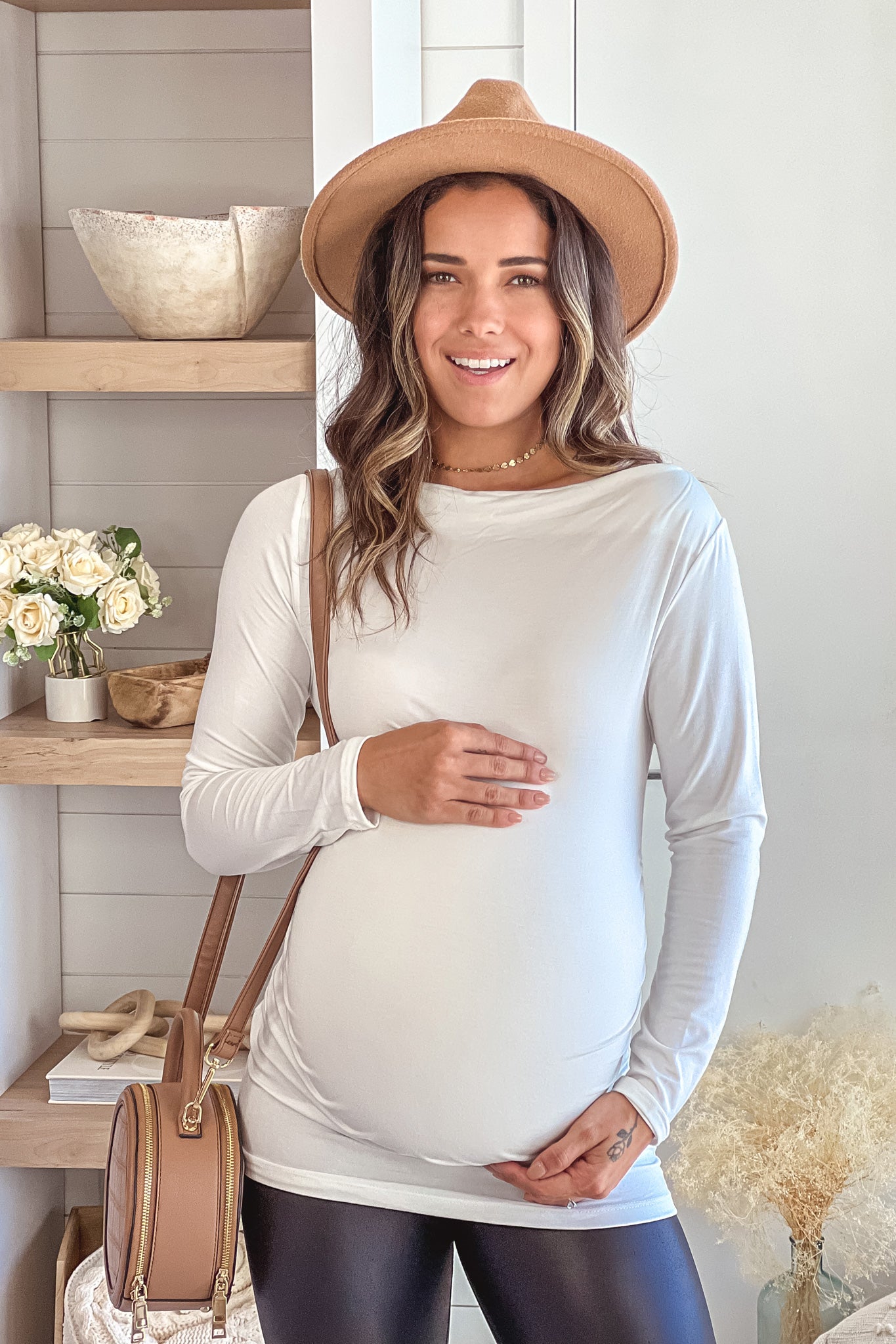 ivory off shoulder maternity top with ruched side
