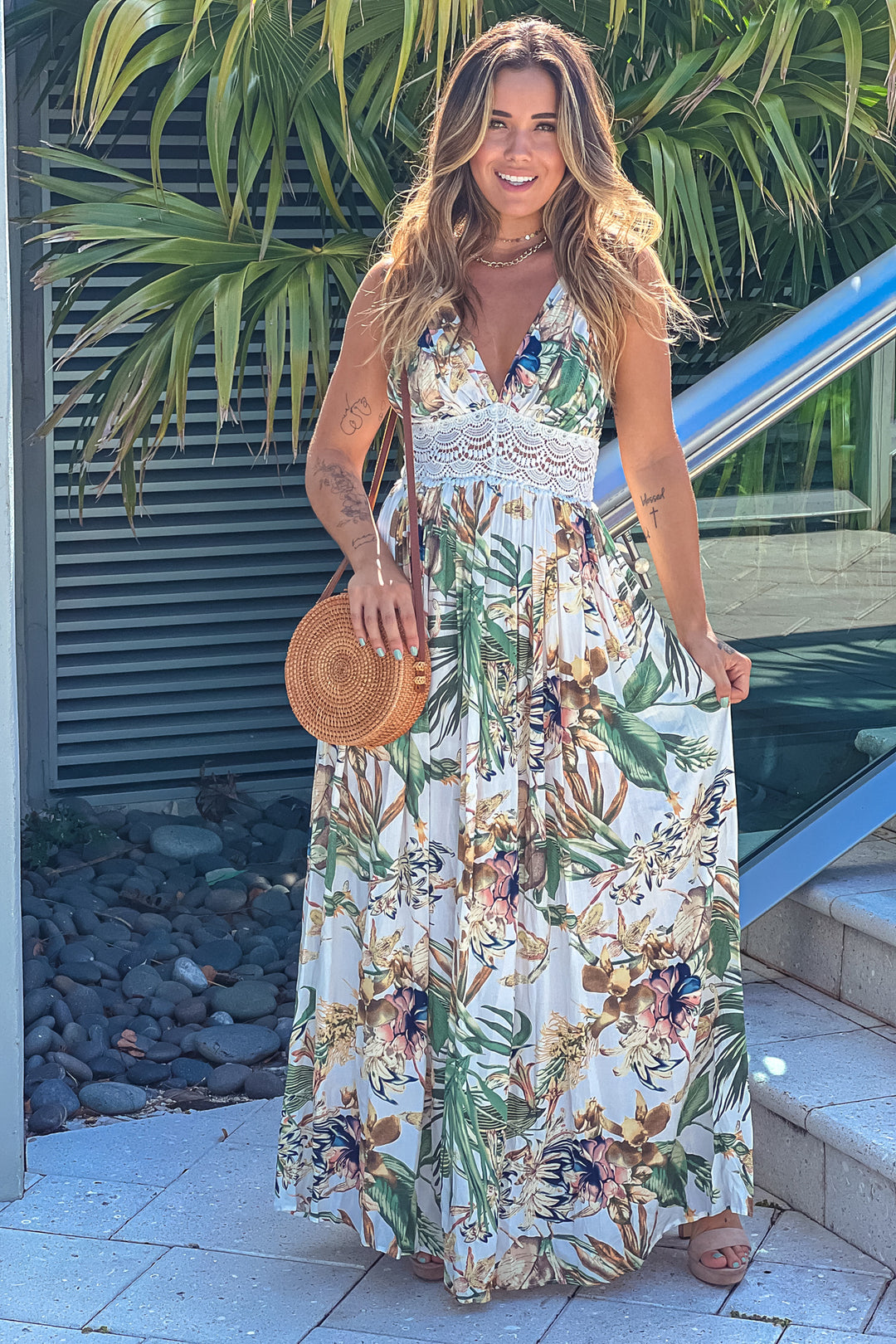 Ivory Printed Maxi Dress With Crochet Trim And Open Back