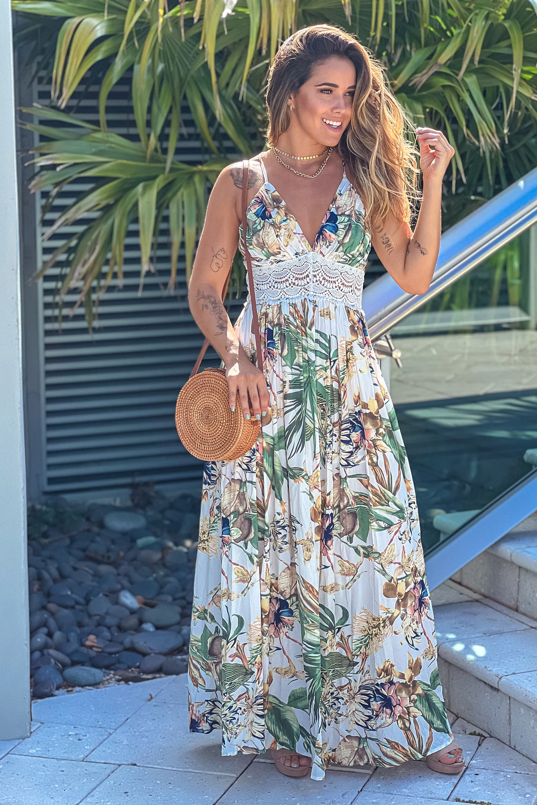 printed summer maxi dress Ivory Printed Maxi Dress With Crochet Trim And Open Back