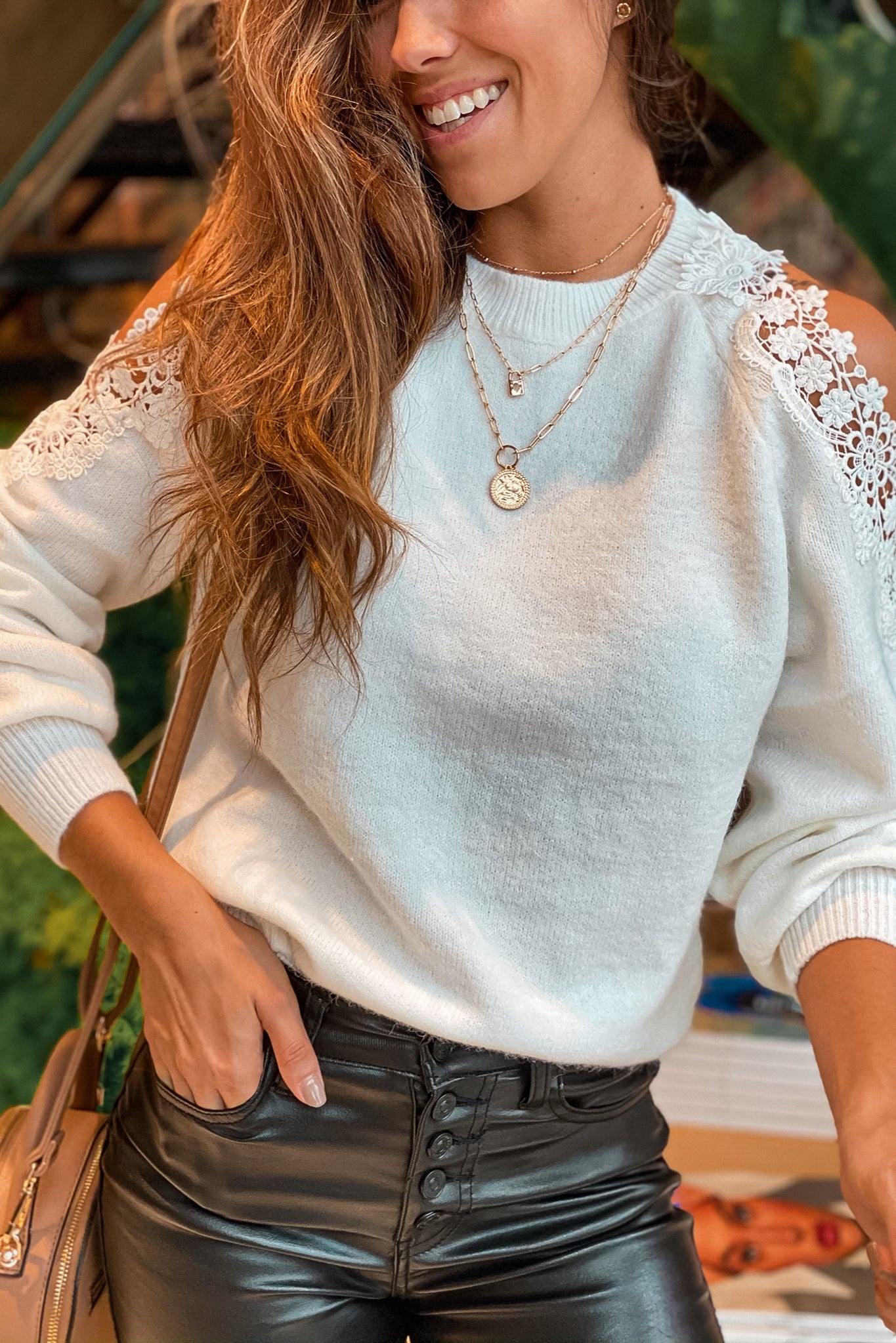 ivory sweater with lace cold shoulders