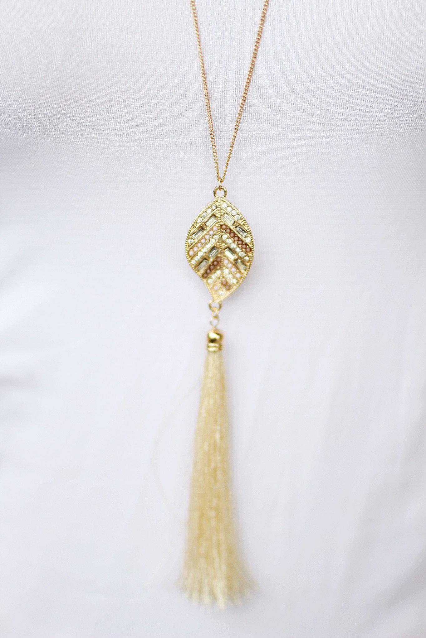 Gold Ivory Leaf Necklace with Tassel