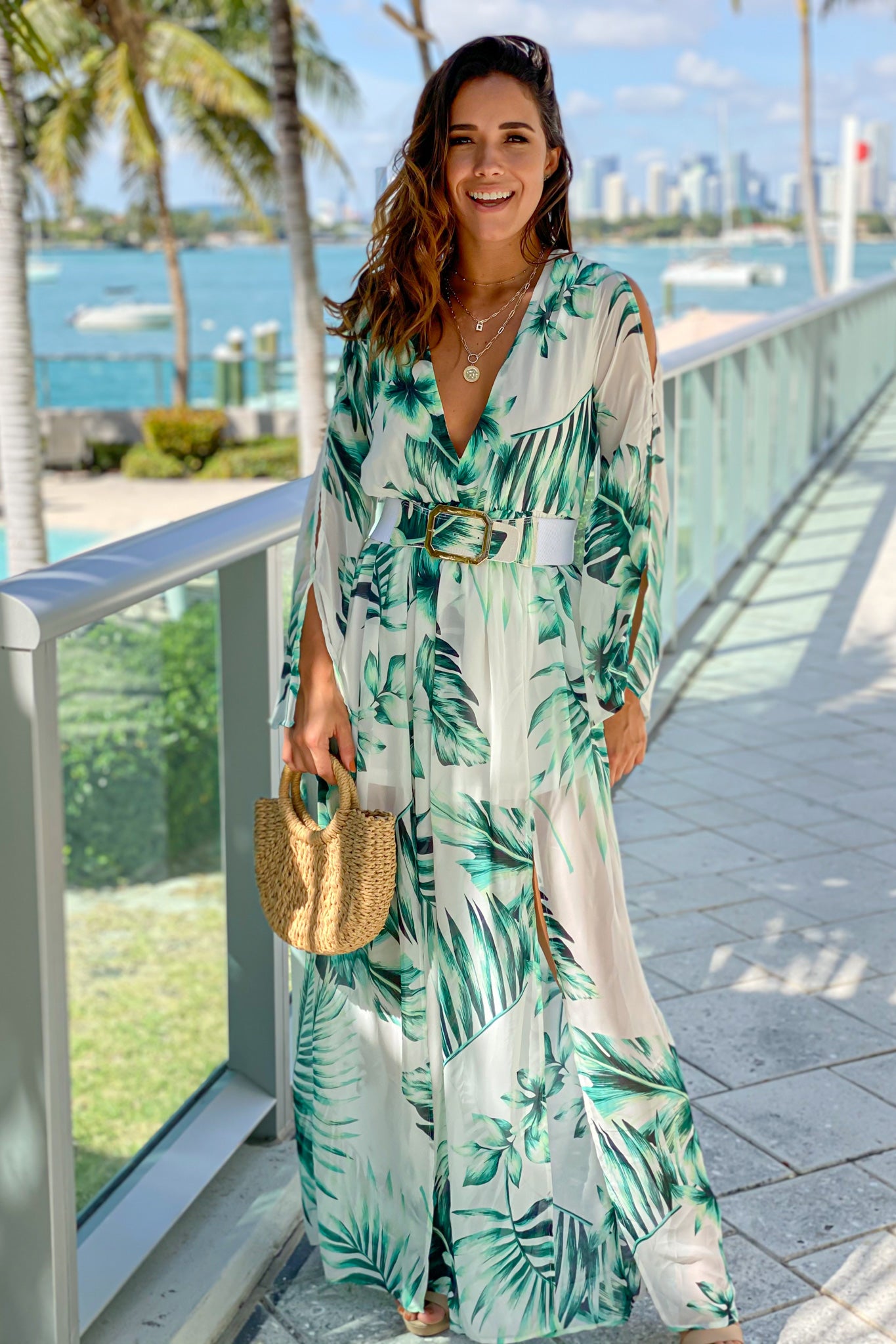 tropical long dress Ivory Tropical Chiffon Maxi Dress With Belt