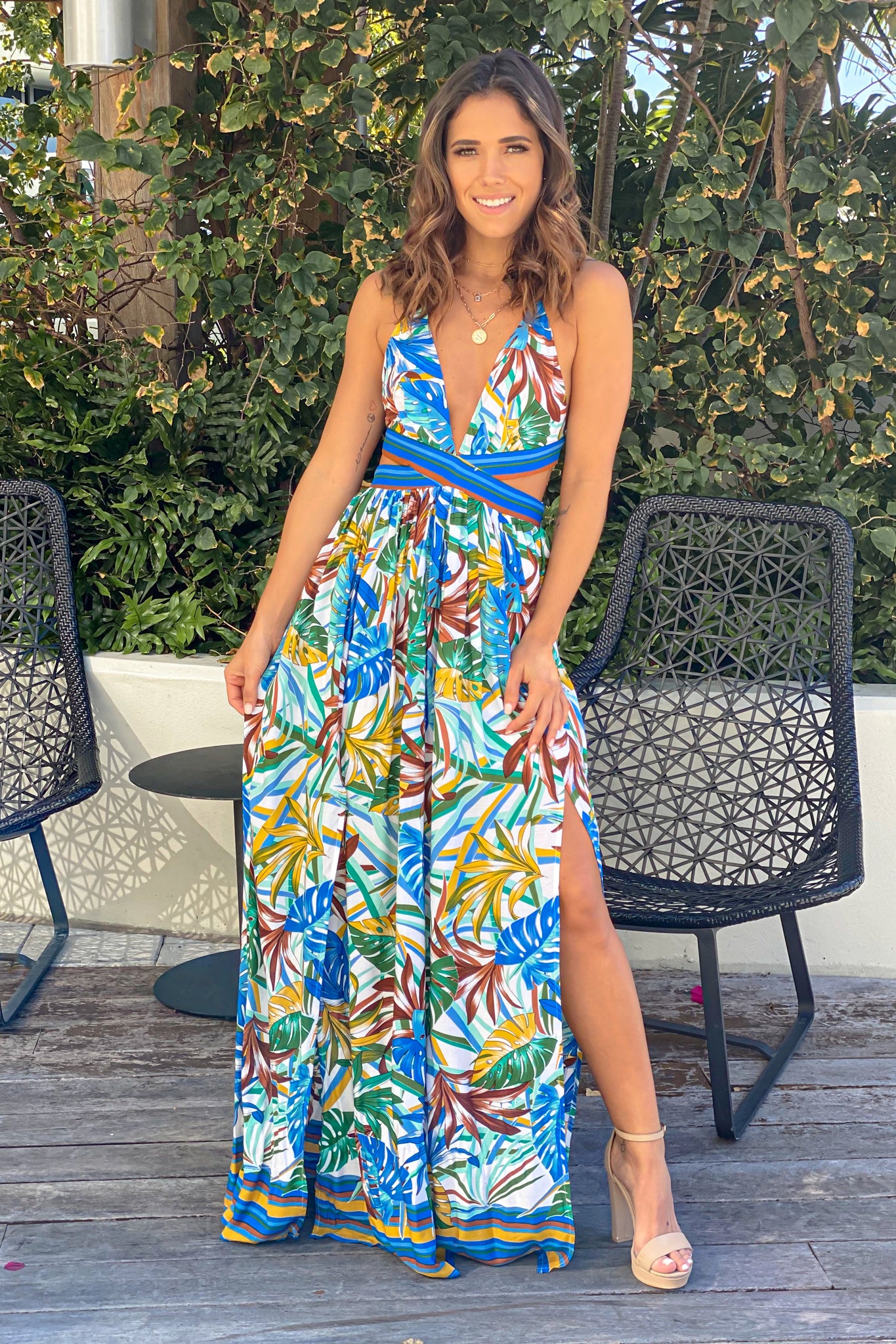 ivory tropical maxi dress with cut outs