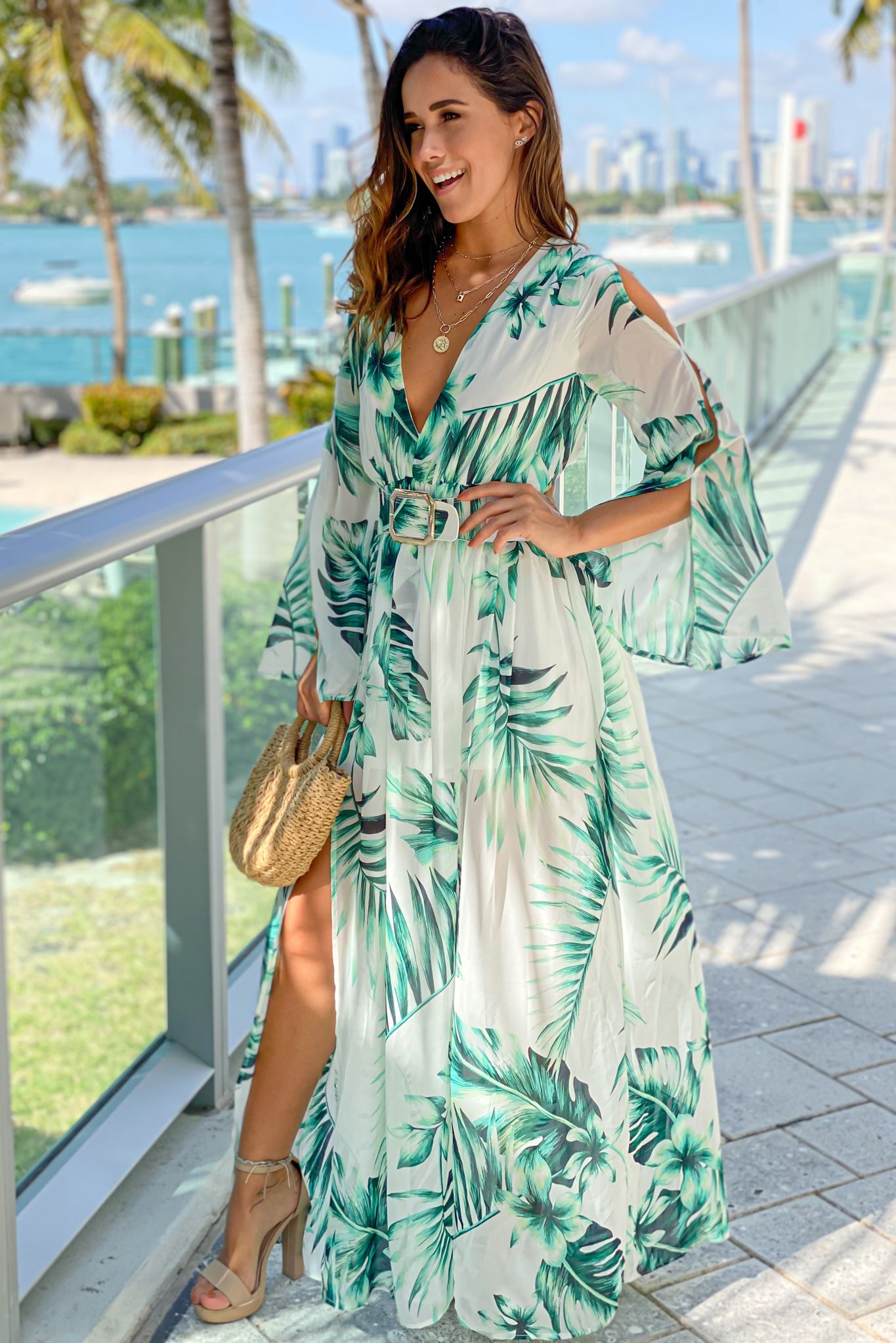 ivory tropical maxi dress with slits