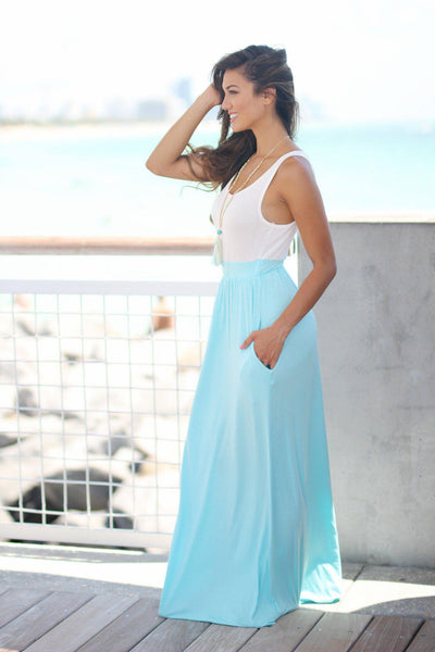 Ivory and Blue Sleeveless Maxi Dress
