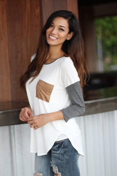 Ivory And Gray Top With Pocket