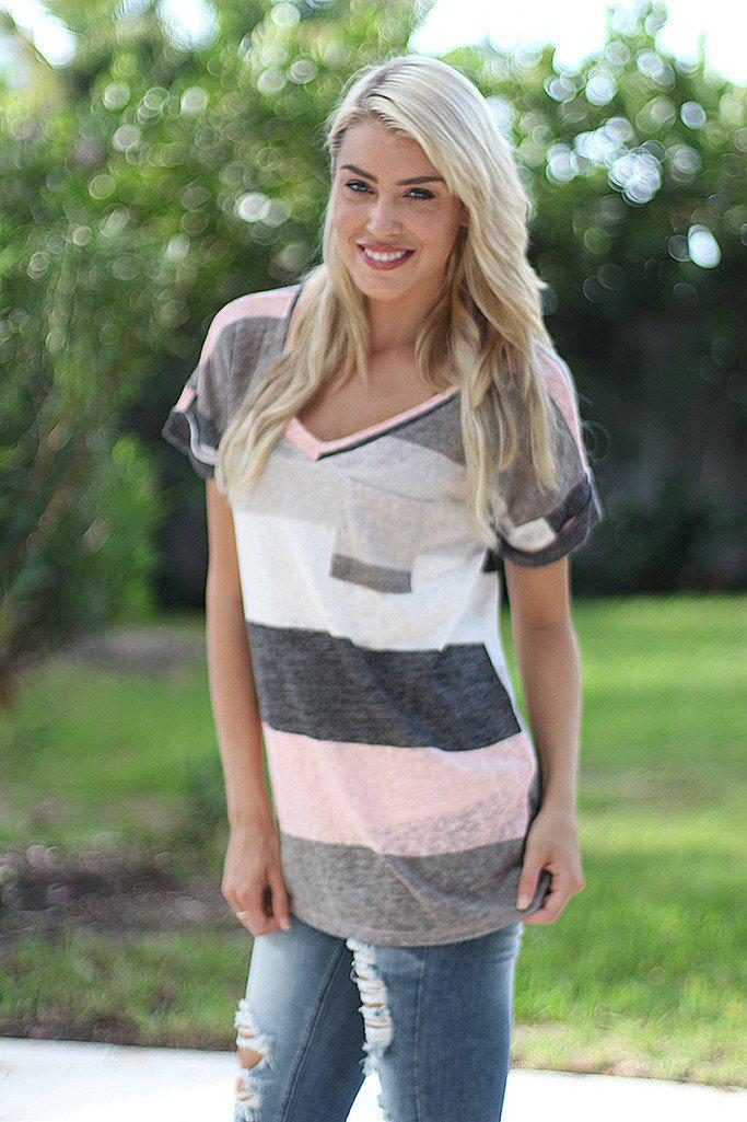 Ivory and Pink V-Neck Top
