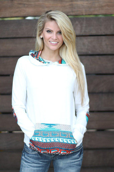Ivory And Teal Hoodie with Pocket