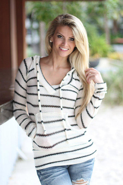 Ivory Striped Hoodie With Pocket