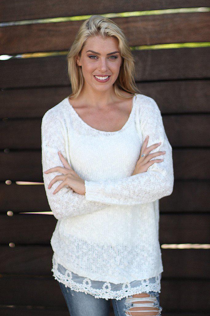 Ivory Knit Sweater With Lace Trim | Sweater with lace – Saved by the Dress