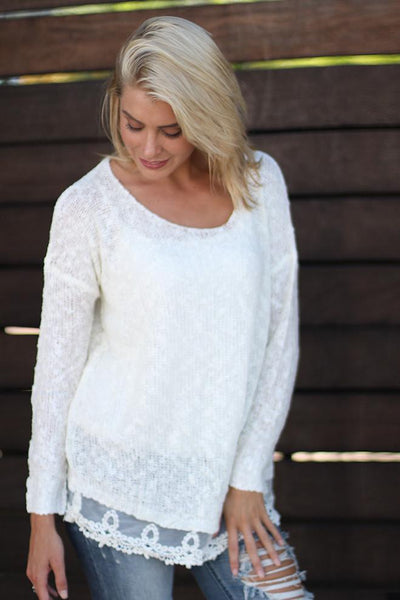 Ivory Knit Sweater With Lace Trim
