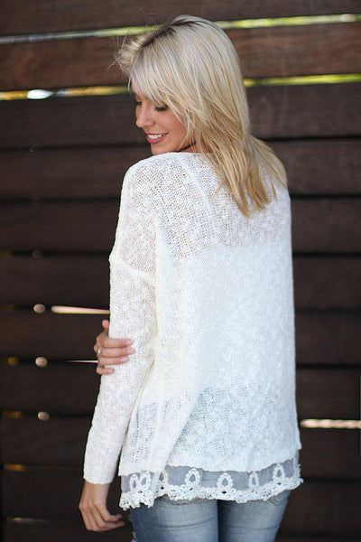 Ivory Knit Sweater With Lace Trim