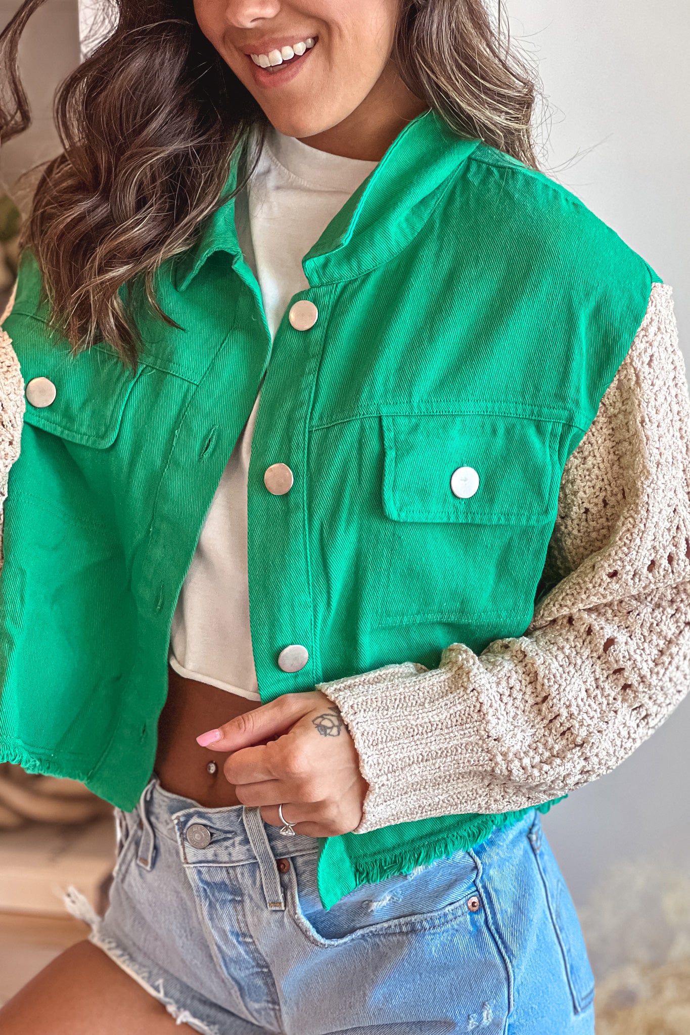jade denim jacket with crochet sleeves
