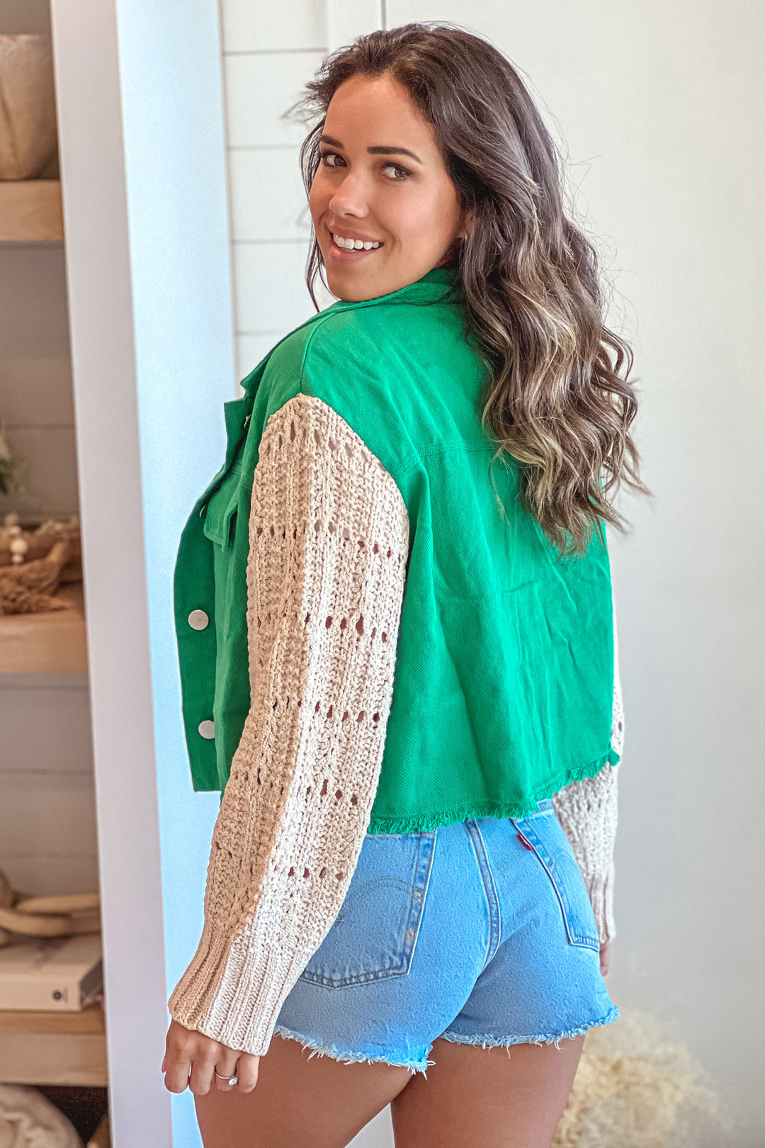 Jade Denim Jacket With Crochet Sleeves | Online Boutiques – Saved