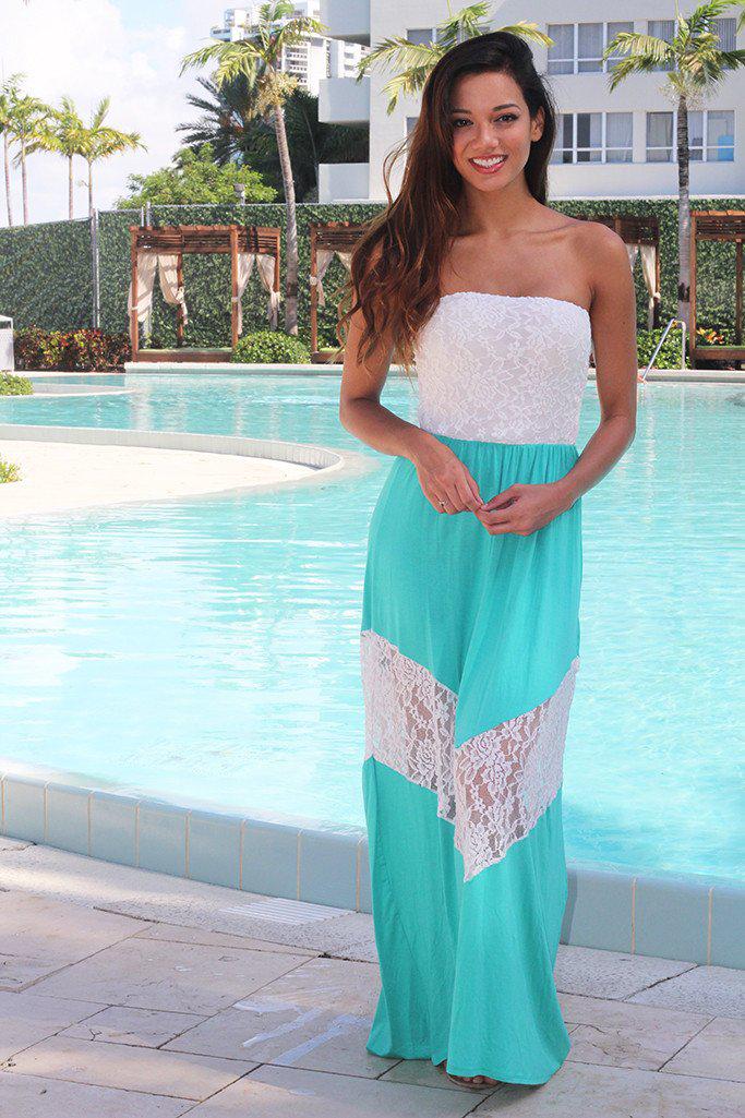 Jade and White Chevron Maxi Dress with Lace