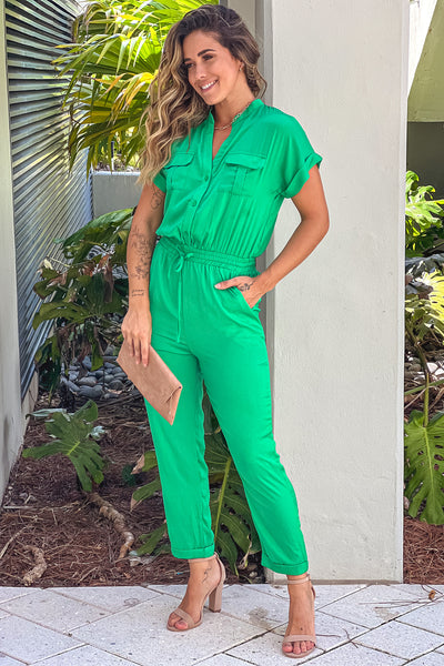 kelly green jumpsuit with pockets