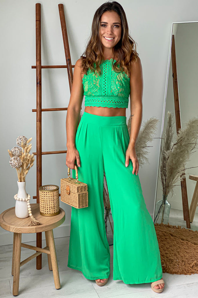 kelly green pants and lace top