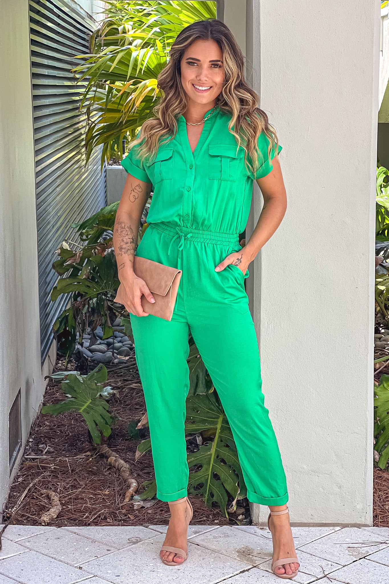 kelly green satin jumpsuit with pockets