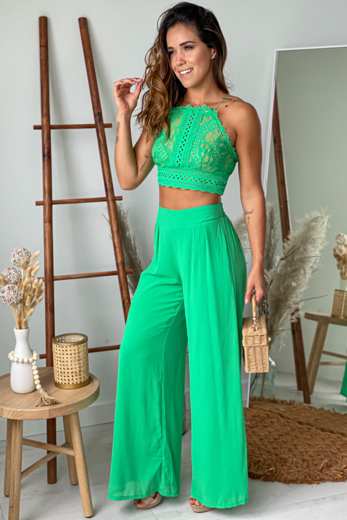 Kelly Green Pants And Lace Top Set | Online Boutiques – Saved by the Dress