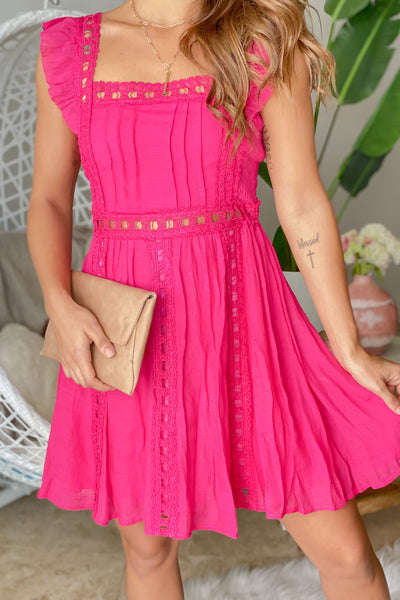 Lifestyle hot pink short dress with lace detail