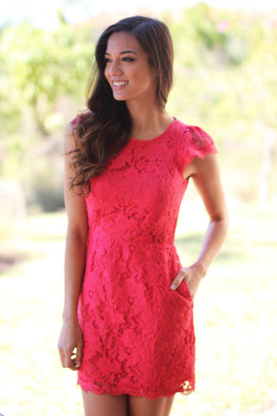 Red Lace Dress with Pockets