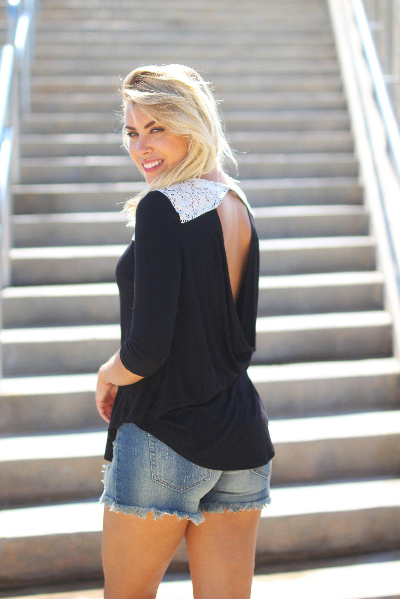 Black Open Back Top with Lace Detail