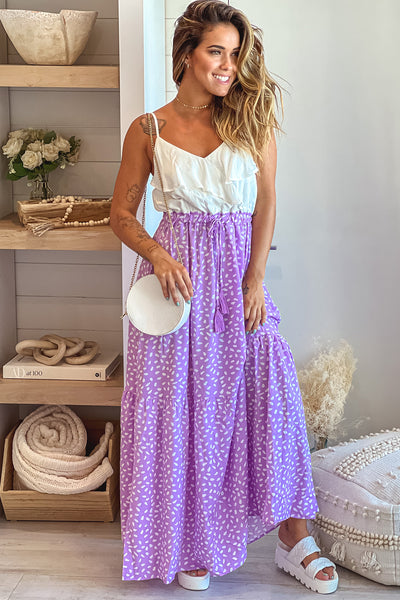 lavender and white maxi dress