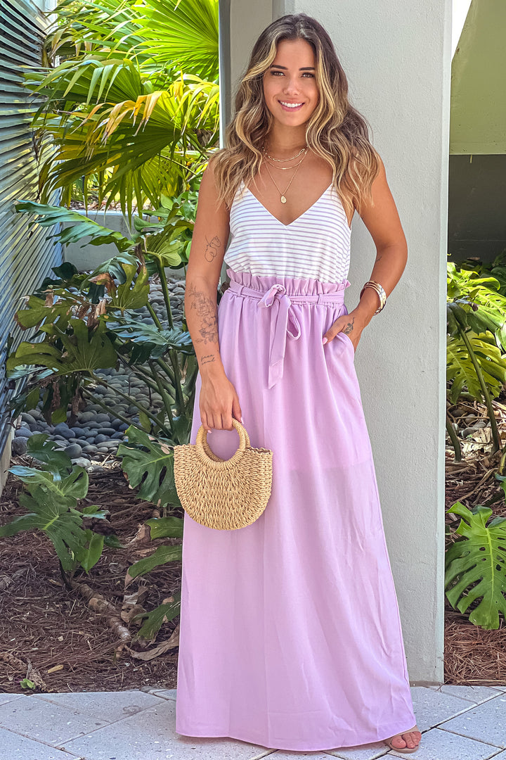 strapless open back dress Lavender Striped Maxi Dress with Paper Bag Waistline