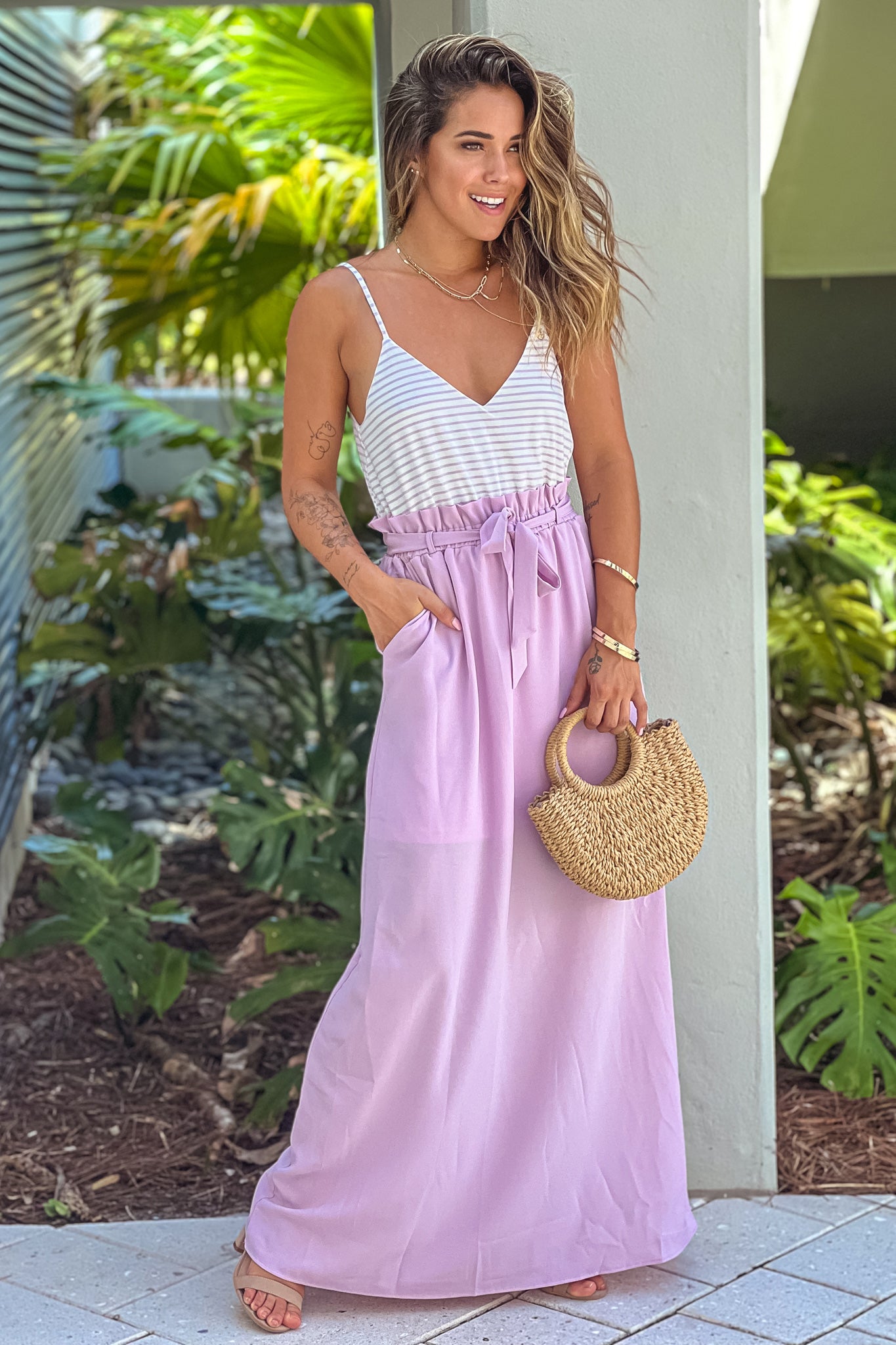 lavender striped maxi dress with pockets