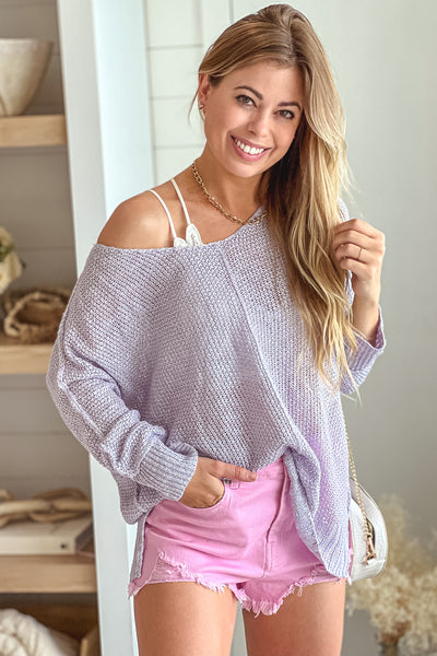 lavender v-neck knit top with long sleeves